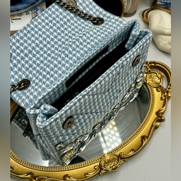 🆕 KURT GEIGER LONDON 🧿 NWOT Blue & White Houndstooth Kensington Bag, Crystals - Picture 12 of 16